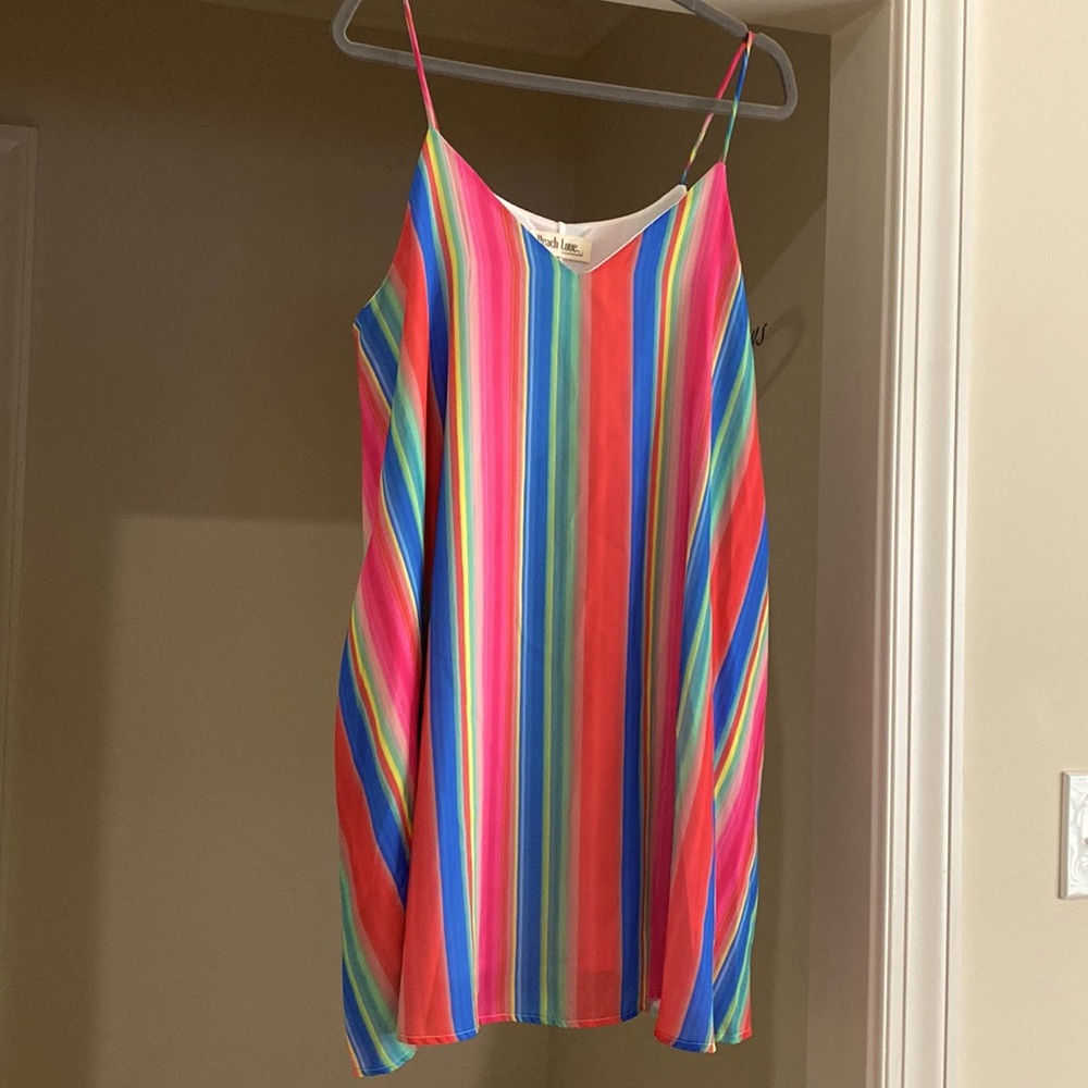 Peace Love NWT Red Green Stripe Flowy Sun V-Neck Dress wSide Pockets - Sz Large